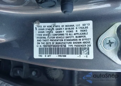 2013 Honda Civic Lx из США, поврежденный, VIN 19XFB2F55DE019756